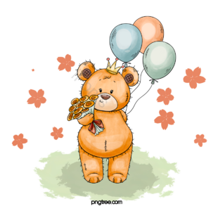 泰迪熊 生日帽 花卉 气球 弓 生日 棕色 手绘