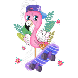 手绘 卡通 滑板 玩耍 火烈鸟 植物 帽子 花朵