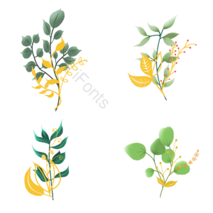 植物 手绘 清新 绿色 枝条 花卉 金色 叶子