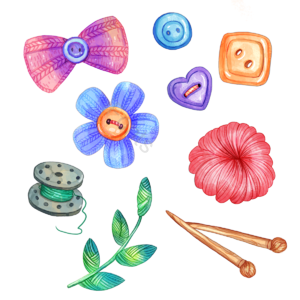 纽扣 线团 编织 毛线 毛衣针 扣子 花朵 植物