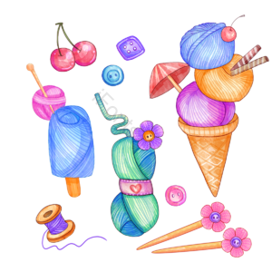 樱桃 手绘 水彩画 伞 甜品 冰激凌 毛线 线团