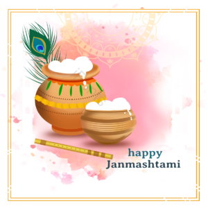粉色 印度 陶罐 插画 janmashtami 长笛 孔雀 羽毛