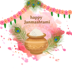 粉色 喷溅 花蔓 插画 janmashtami 长笛 孔雀 羽毛
